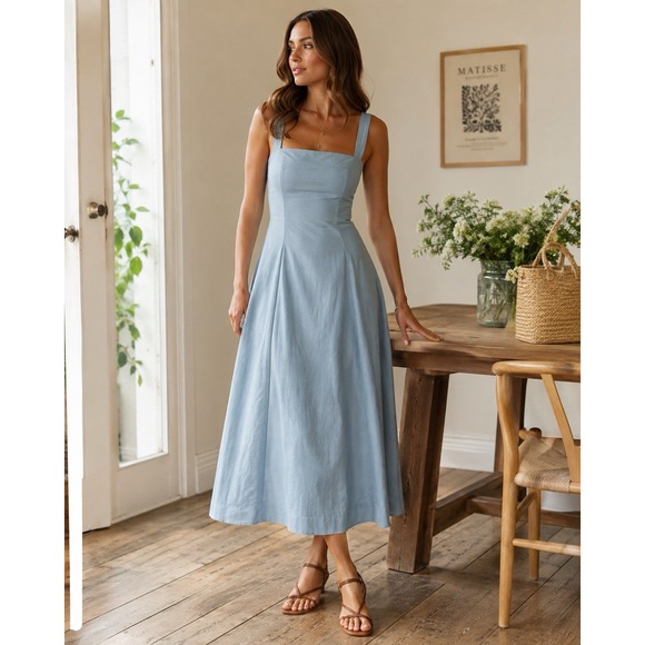Abercrombie & Fitch Dresses & Skirts - Abercrombie & Fitch Mila Midi Dress L Blue Cotton Square neck A Line